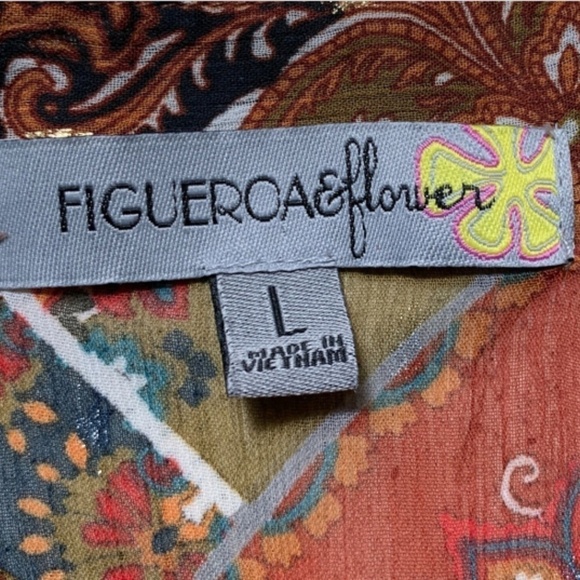 Figueroa & Flower Sheer BOHO Button Front Tunic Blouse Sz L Gold Accents #256L - Picture 5 of 7